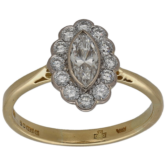 Gold marquise diamond cluster ring with oval halo and round diamond accents