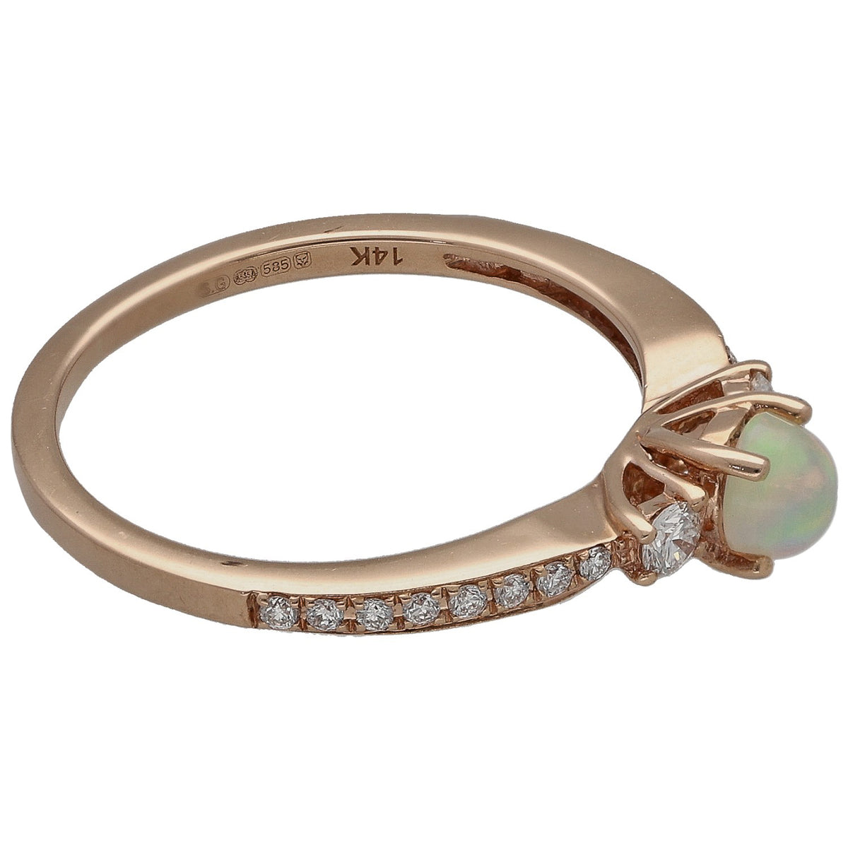 Rose gold ring side view with round opal setting and diamond band accents