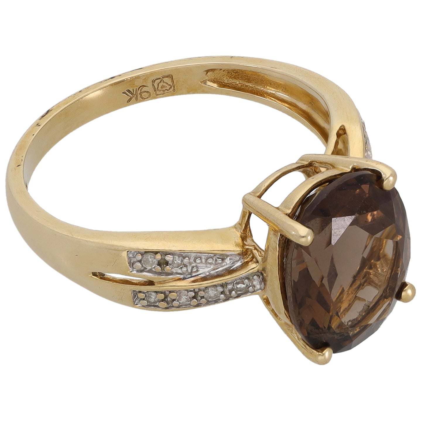 9ct Gold Smoky Quartz & 0.06ct Diamond Single Stone Ring with Accent Stones Size O