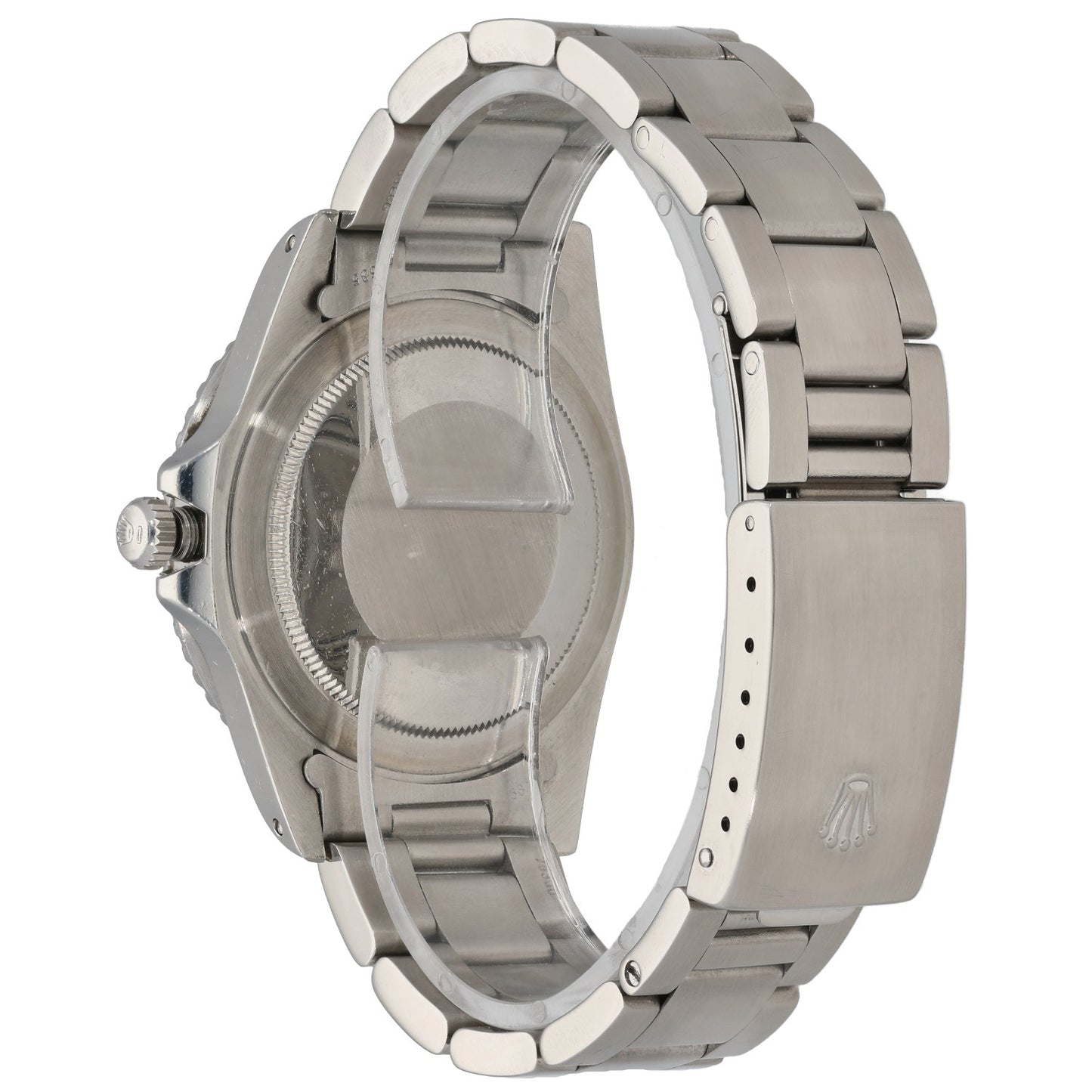 Stainless steel GMT-Master watch, case back and side bracelet view with crown