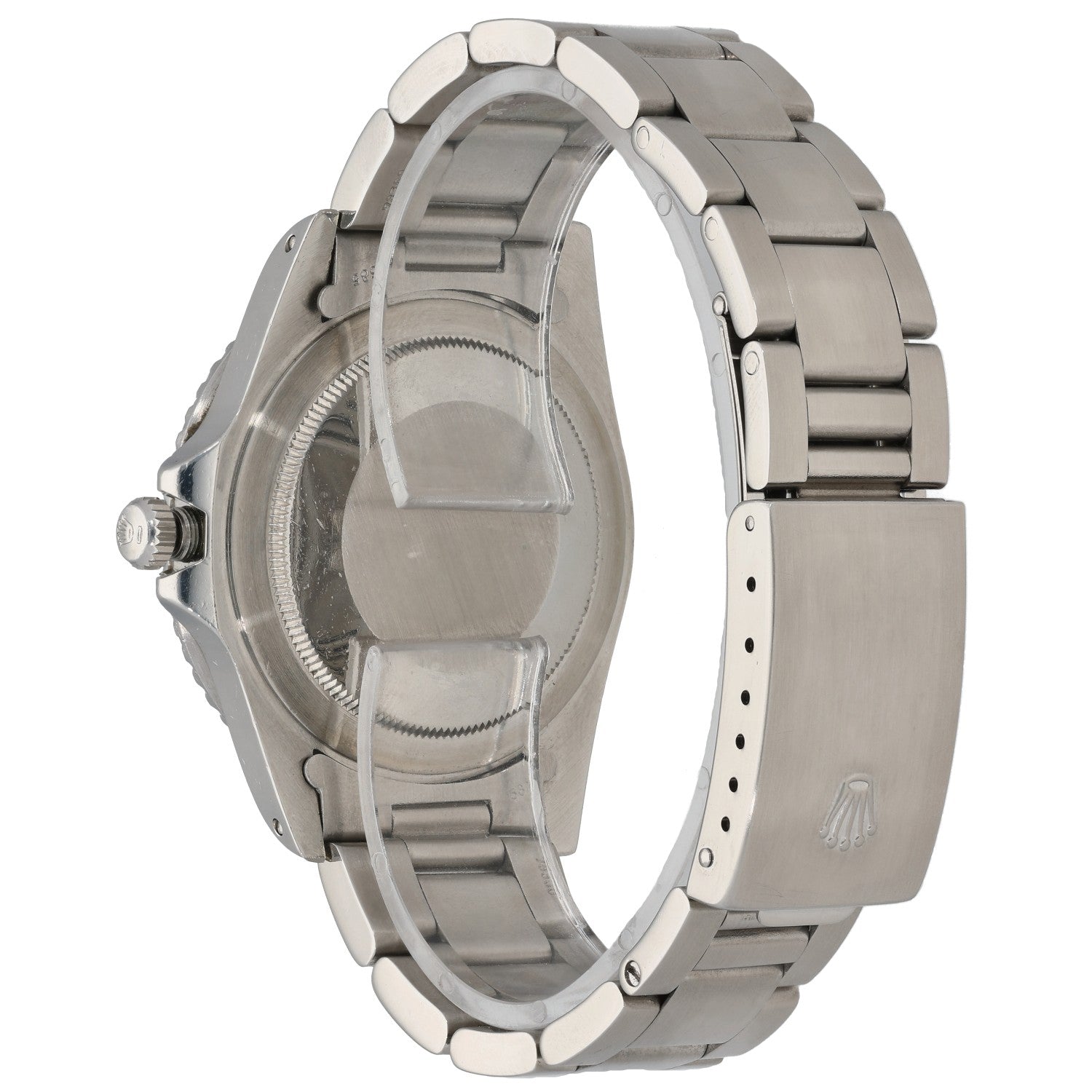 Stainless steel GMT-Master watch, case back and side bracelet view with crown