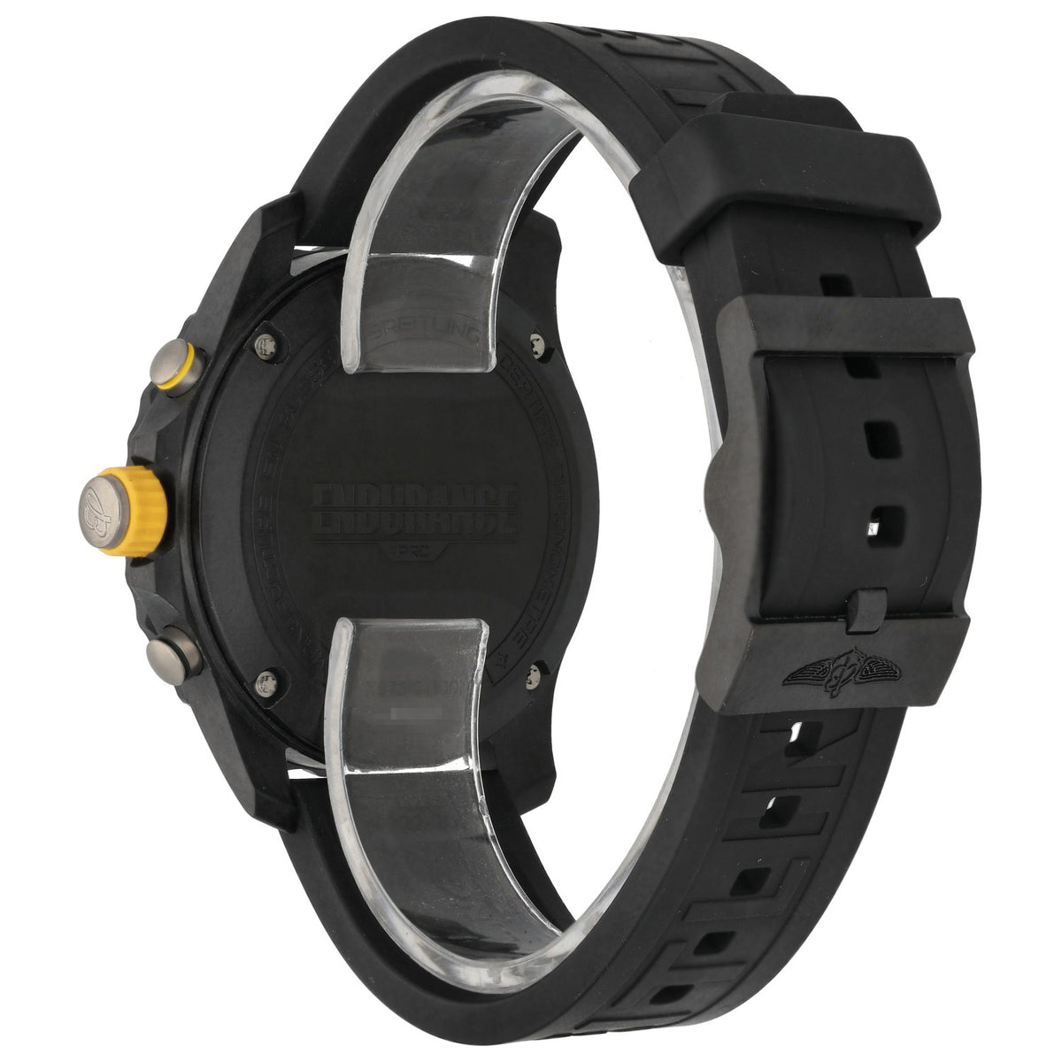 Breitling Endurance Pro X82310 watch caseback with black rubber strap and gold-toned crown