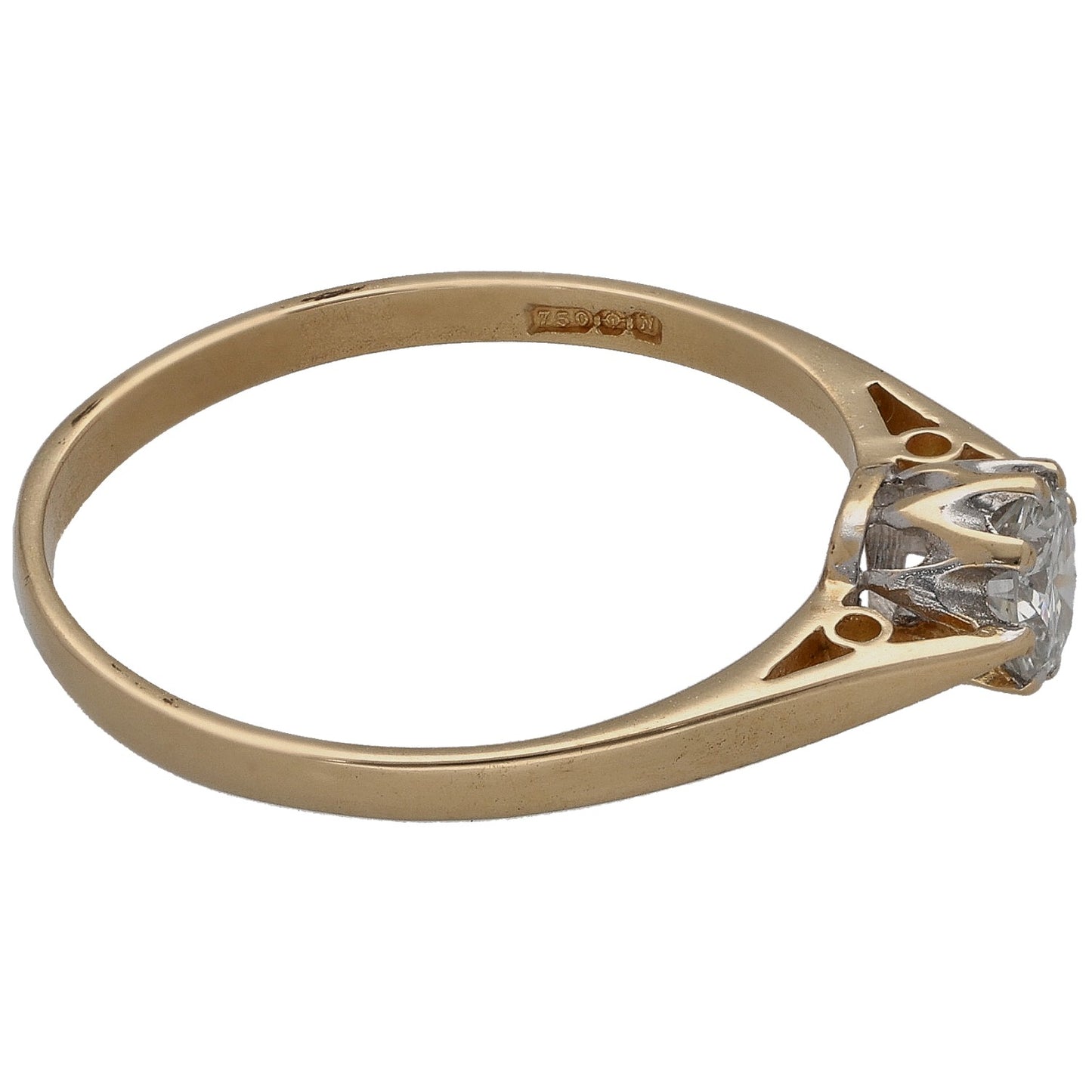 Gold solitaire diamond ring side view with round diamond prong setting