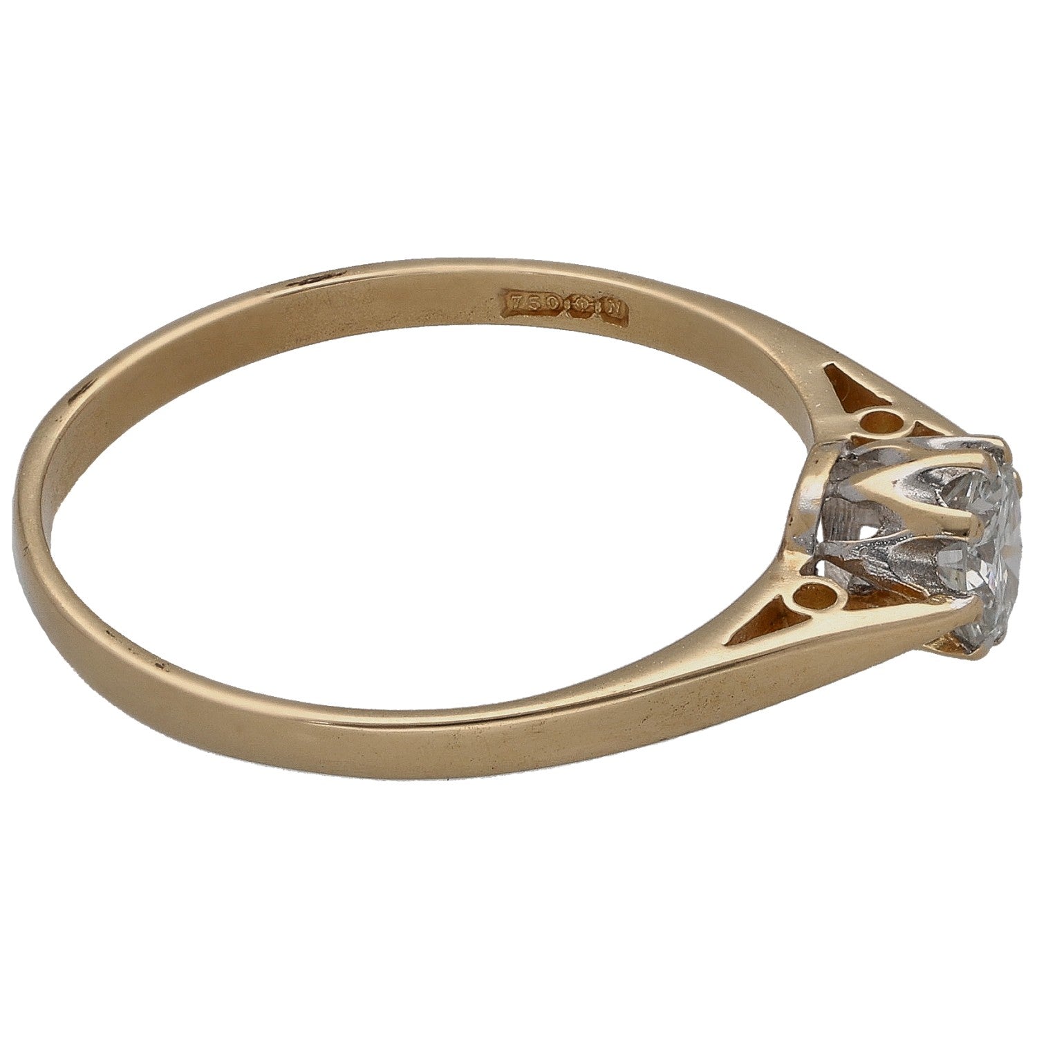 Gold solitaire diamond ring side view with round diamond prong setting