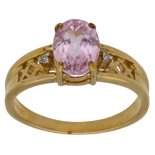9ct Gold Kunzite & 0.05ct Diamond Single Stone Ring with Accent Stones Size N