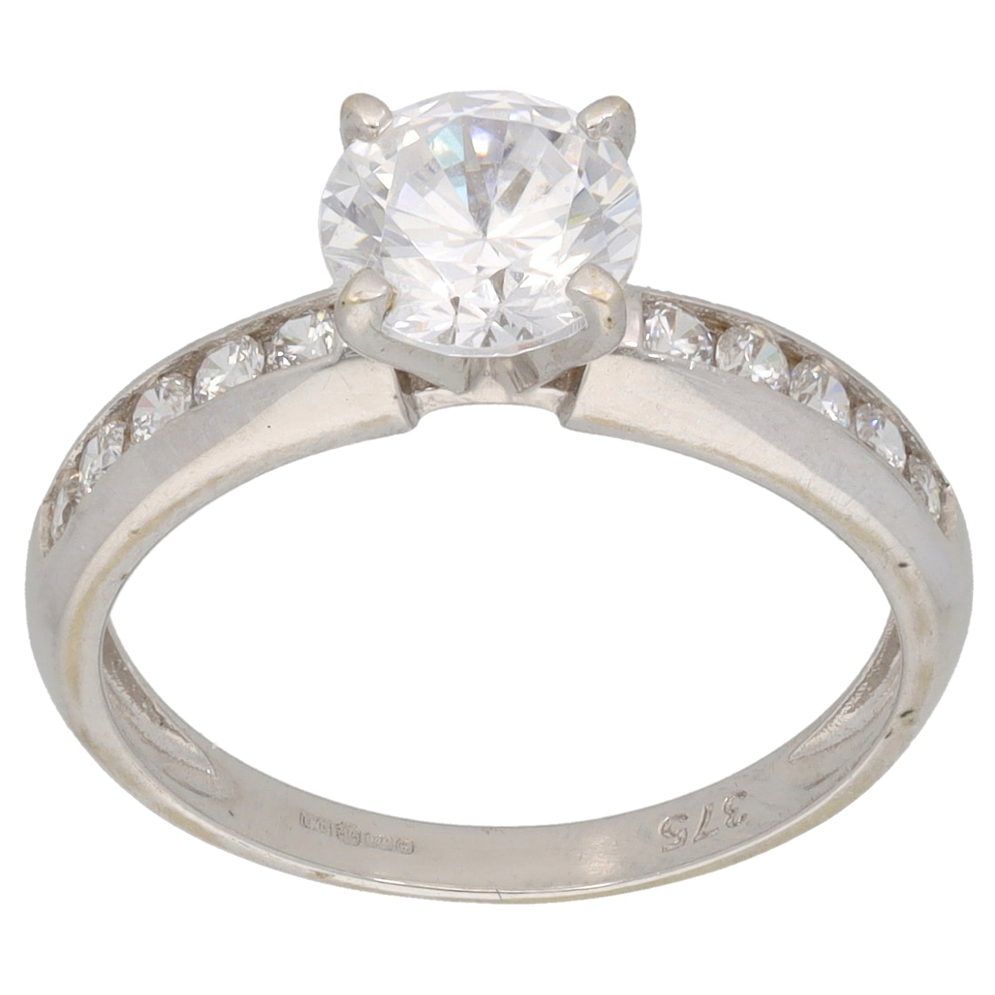 9ct White Gold Cubic Zirconia Single Stone Ring with Accent Stones Size L