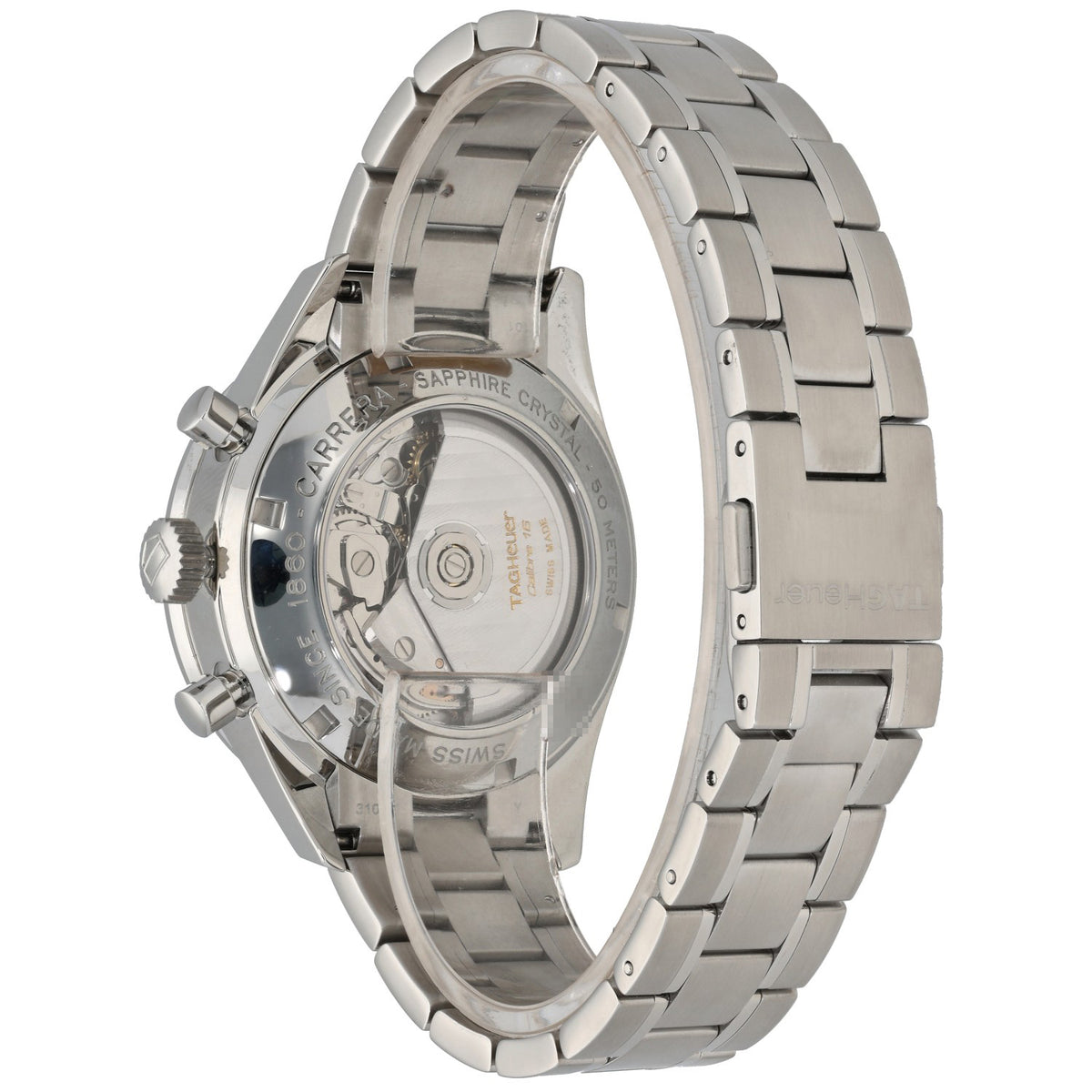 Tag Heuer Carrera CV2010, open caseback in stainless steel case and bracelet