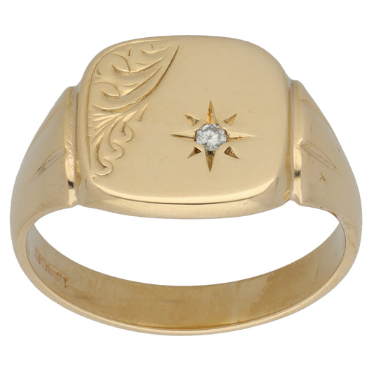 9ct Gold 0.01ct Diamond Patterned Signet Ring Size Q
