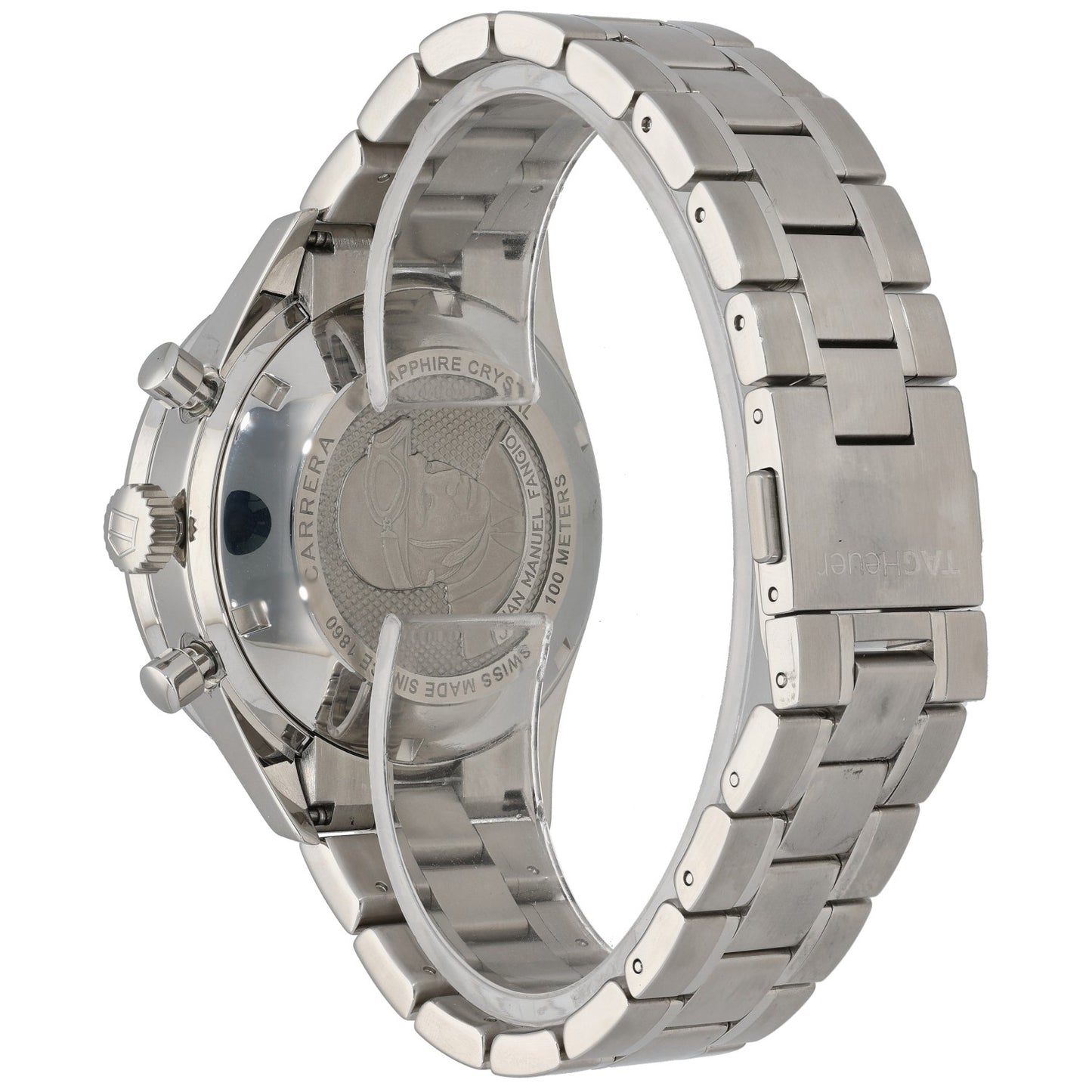 Tag Heuer Carrera CV2014-3 Stainless steel watch caseback with engraved back, metal bracelet, visible crystal window