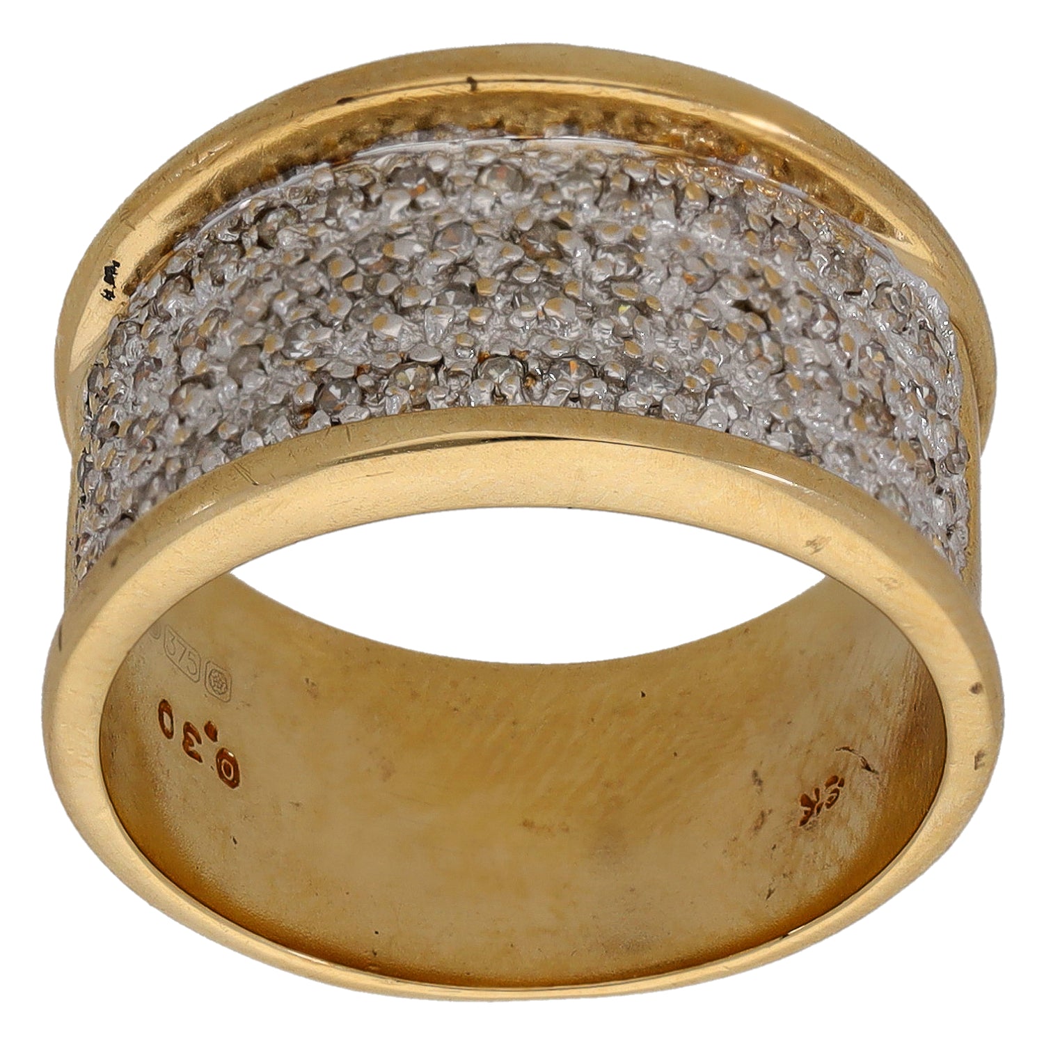 9ct gold dress ring with round diamond-set wide band, size O
