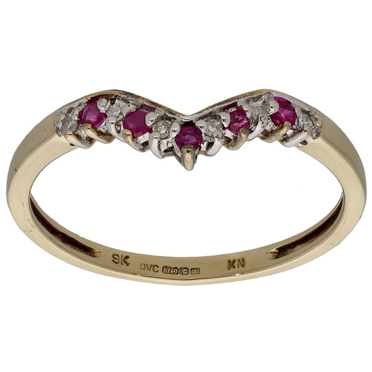 9ct Gold Ruby & 0.06ct Diamond Wishbone Ring Size T