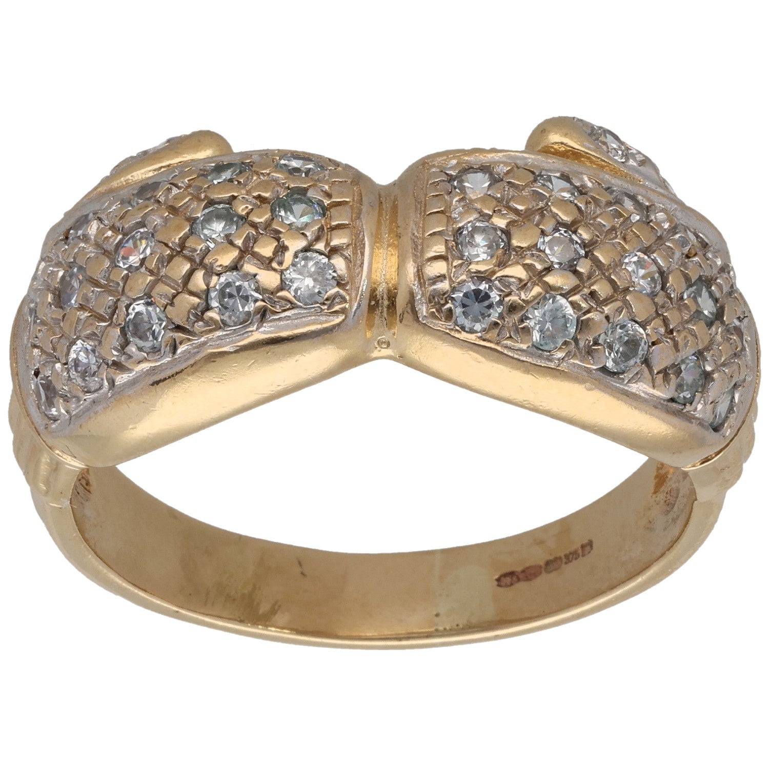Gold-tone CZ alternative ring with two oval stone clusters on a textured band