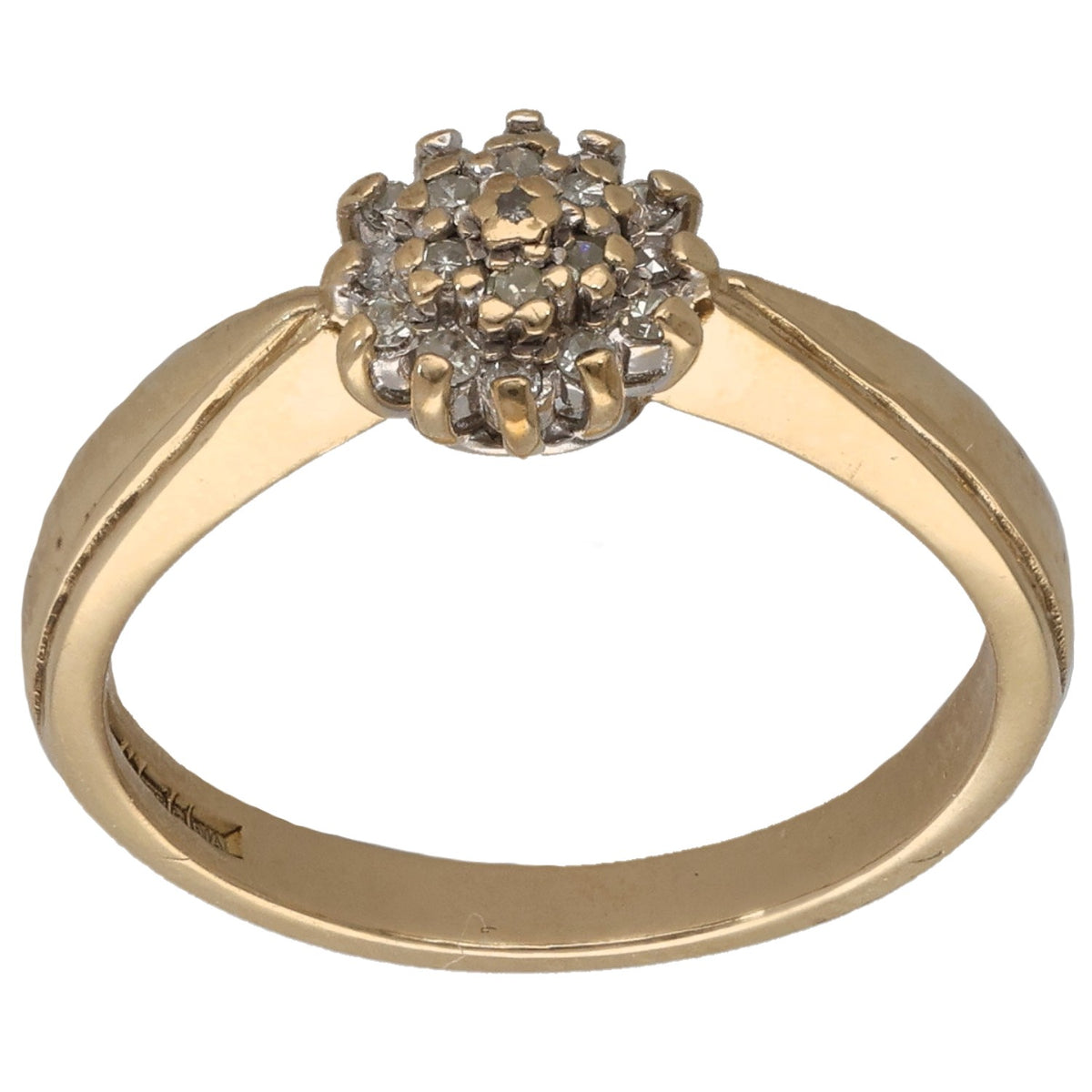 Gold round diamond cluster ring with raised center cluster and slim band