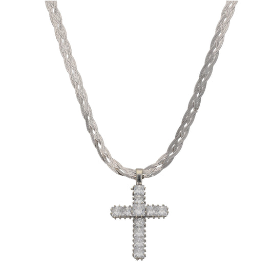 9ct White Gold Cubic Zirconia Cross Pendant With Chain