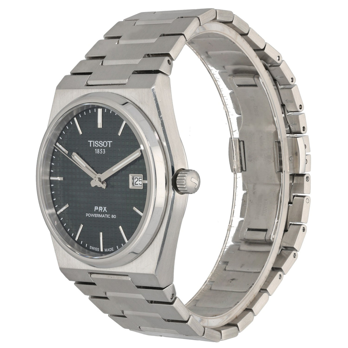 Tissot PRX T137407A, sleek stainless steel watch with a green dial, fron angle