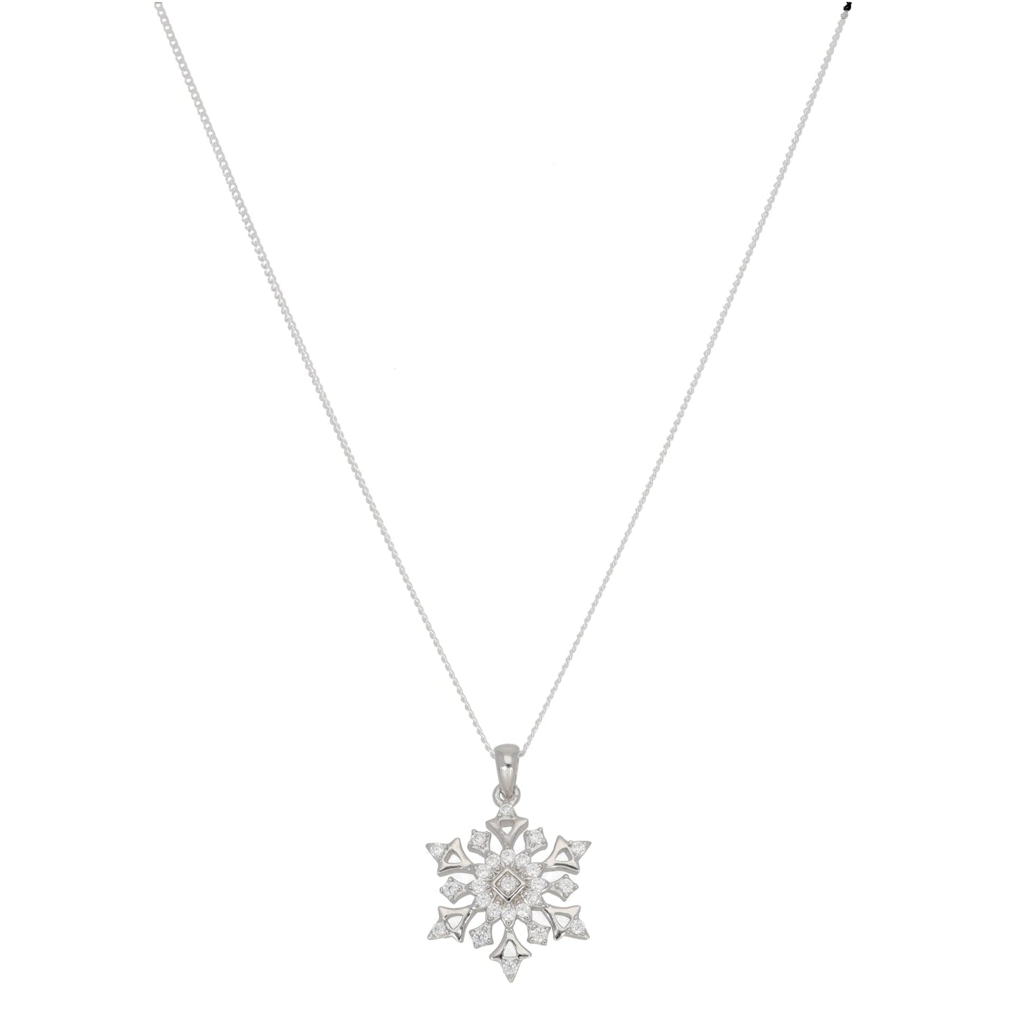 New Sterling Silver Cubic Zirconia Snowflake Pendant With Chain 18"