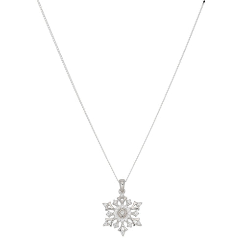 New Sterling Silver Cubic Zirconia Snowflake Pendant With Chain 18