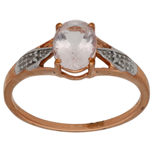 9ct Gold Morganite & 0.01ct Diamond Single Stone Ring with Accent Stones Size P