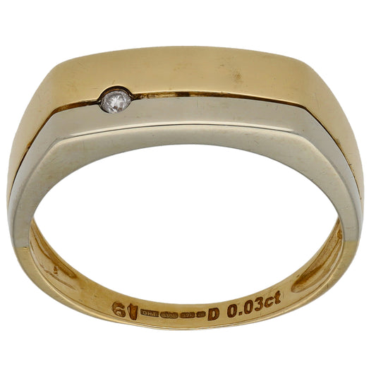 9ct Bicolour Gold 0.03ct Diamond Patterned Single Stone Signet Ring Size T