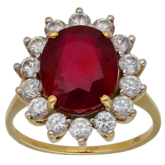 9ct Gold Glass Filled Ruby & Cubic Zirconia Cluster Ring Size Q