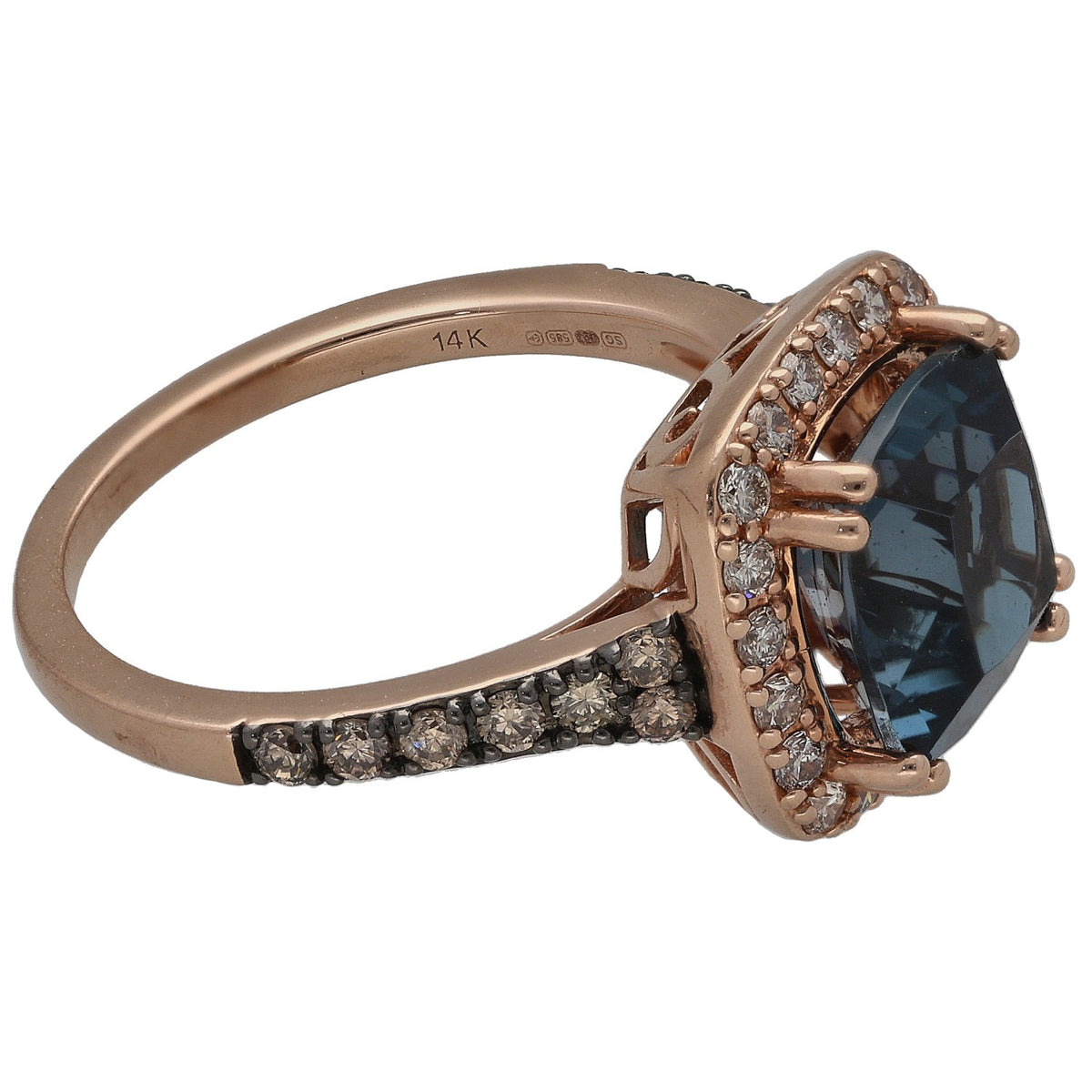 14K rose gold ring with oval dark blue topaz and pavé diamonds