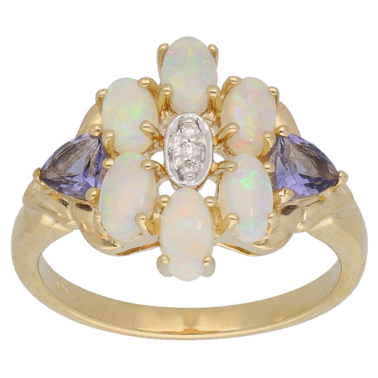 9ct Bicolour Gold Opal, Tanzanite & 0.015ct Diamond Dress/Cocktail Ring Size N