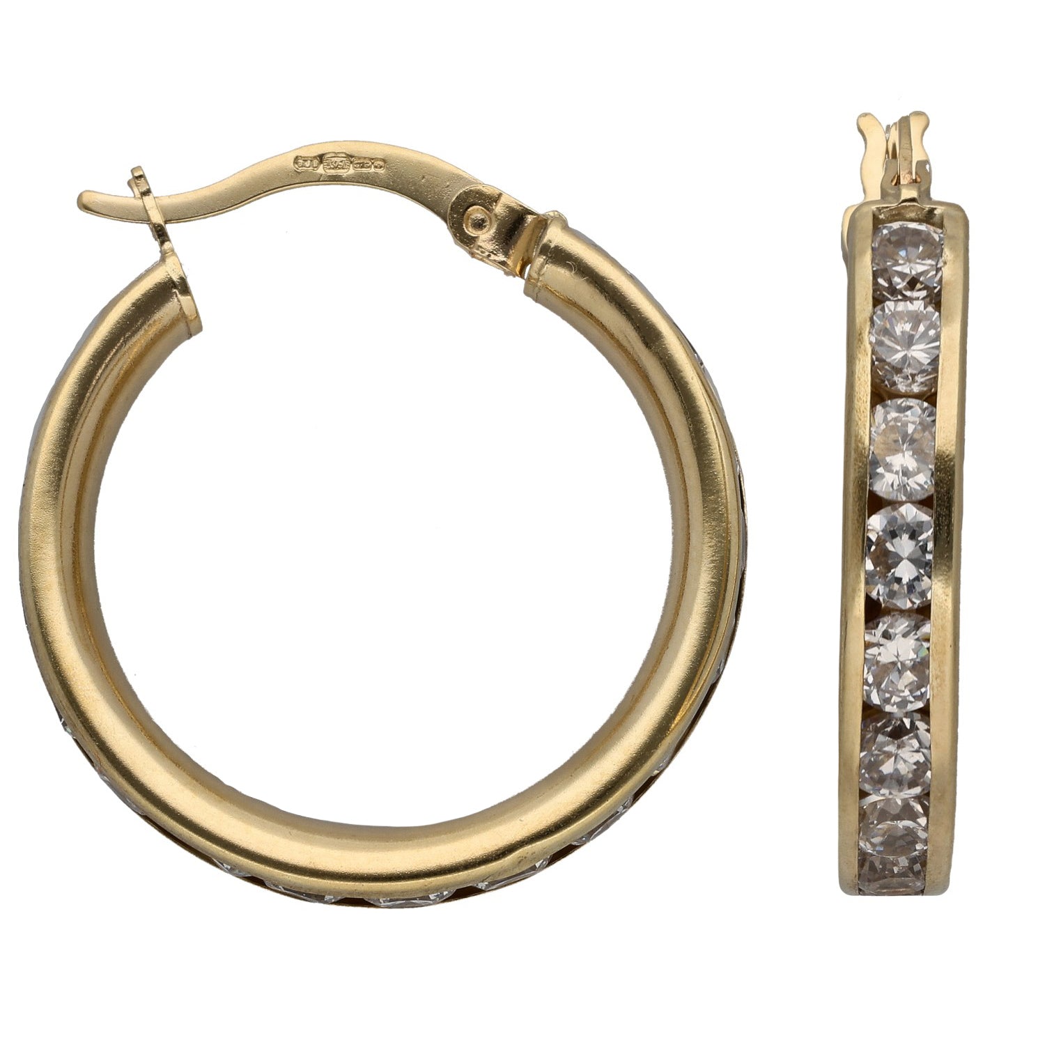 9ct gold CZ hoop earrings with hinged hoop and rectangular CZ stone bar