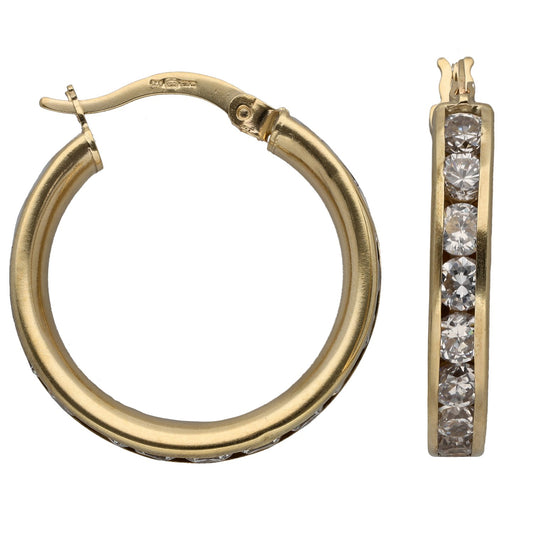 9ct gold CZ hoop earrings with hinged hoop and rectangular CZ stone bar