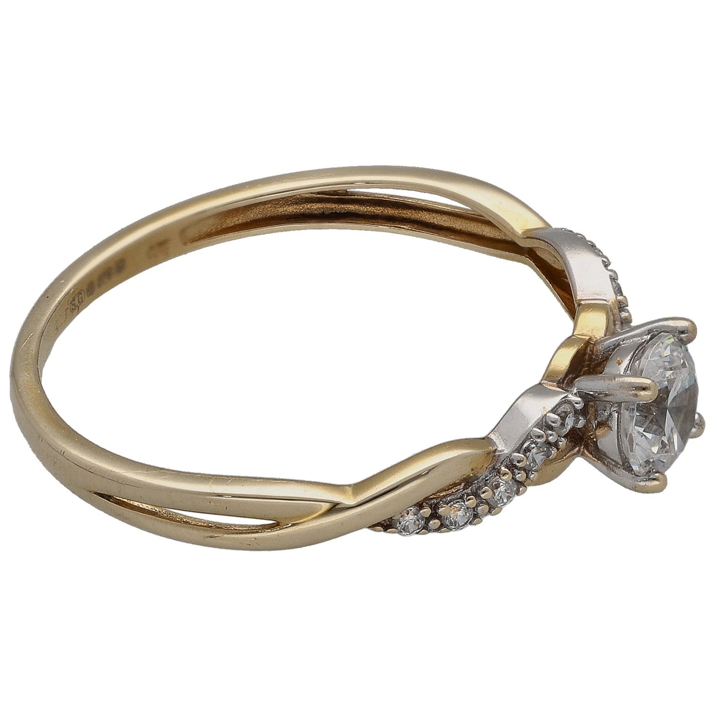 Gold CZ ring with round side-set center stone and sparkling pave accent band