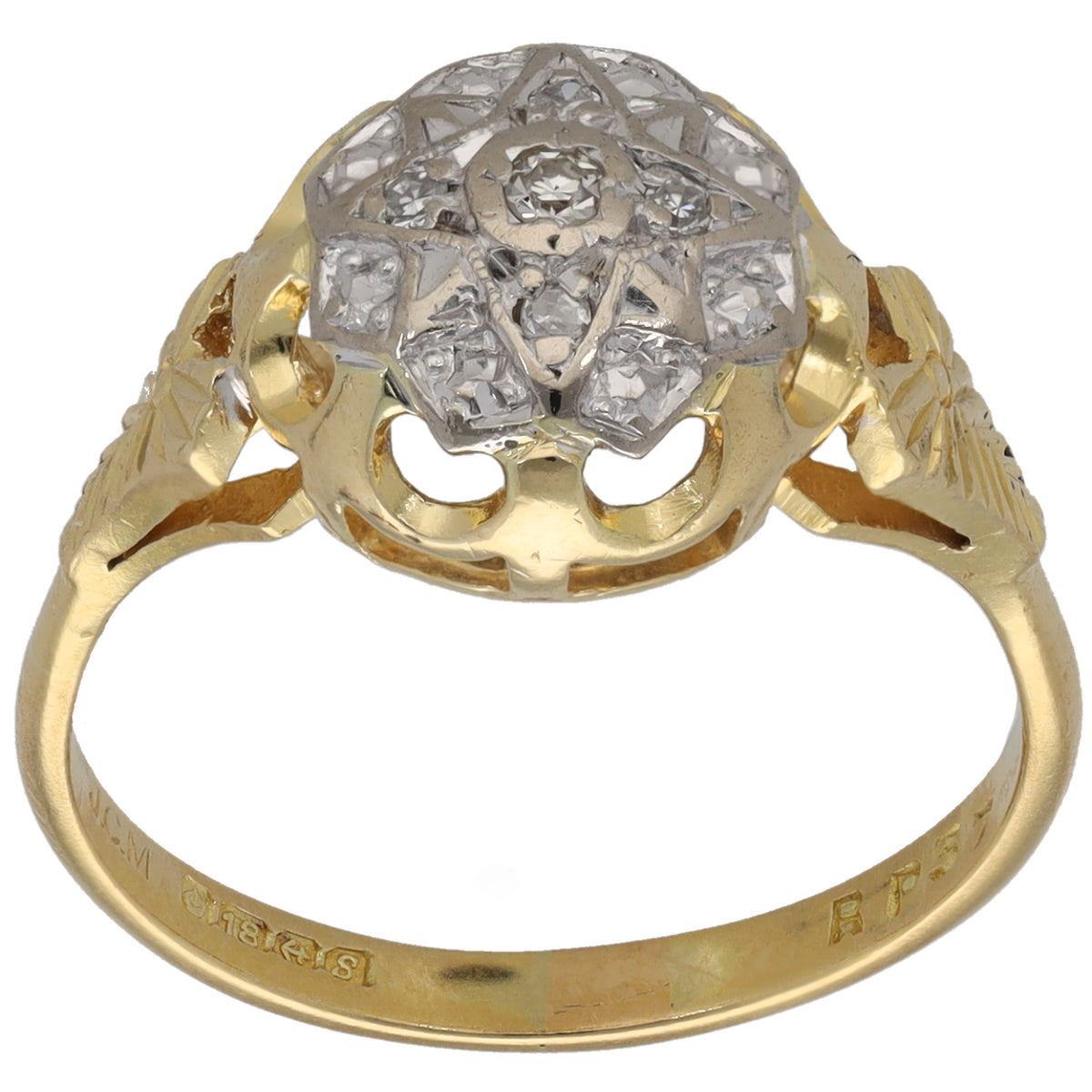 Gold cluster ring with round diamonds in a scalloped setting and openwork band