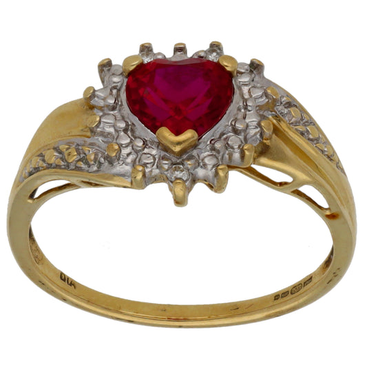 9ct Gold 0.075ct Diamond Man Made Ruby Dress/Cocktail Ring Size P