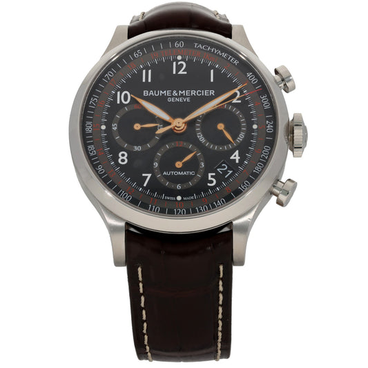 Baume Et Mercier Capeland 65716, black dial in 44mm stainless steel case and adjustable leather bracelet
