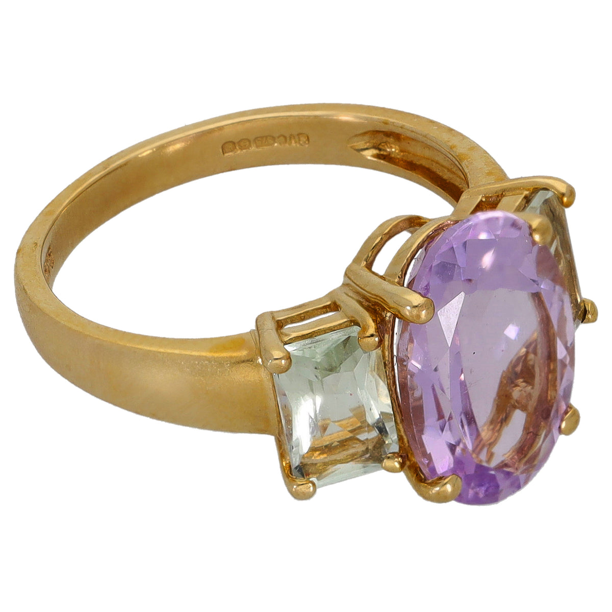 9ct gold ring with oval amethyst and two triangular-cut pale stones, side view