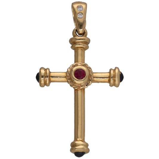 18ct gold cross pendant with ruby center and small round diamond accents