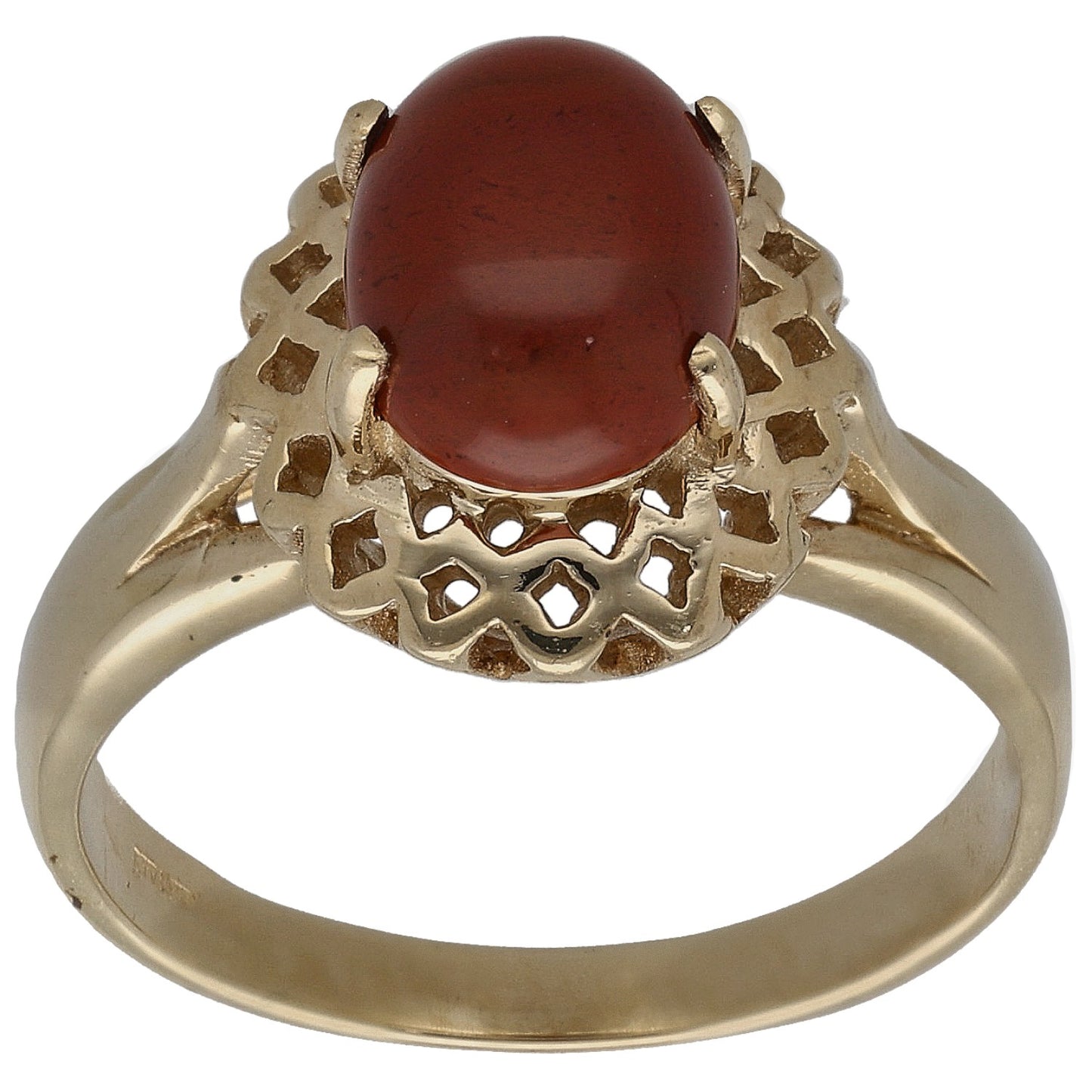 Gold ring with red carnelian single stone and ornate openwork setting