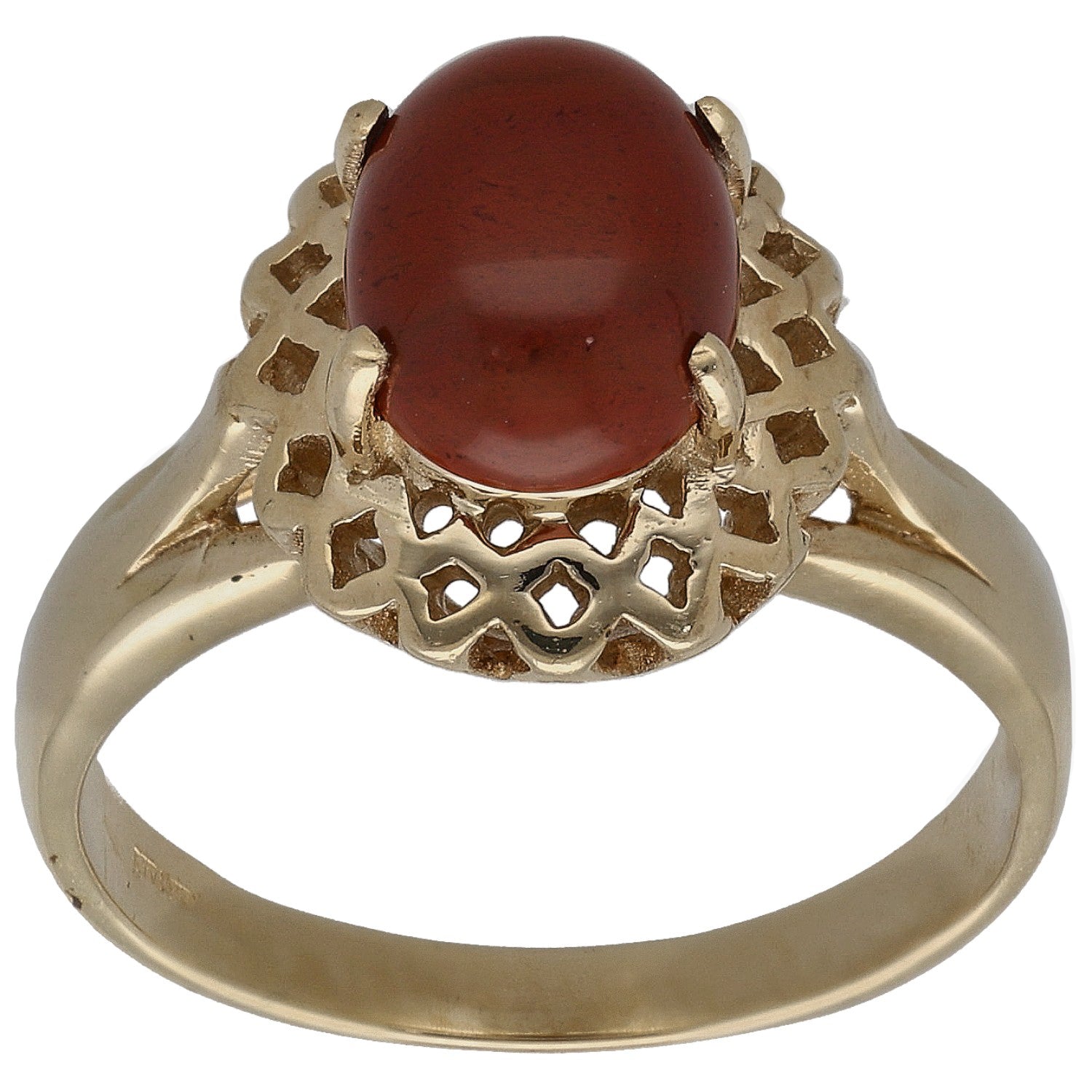 Gold ring with red carnelian single stone and ornate openwork setting