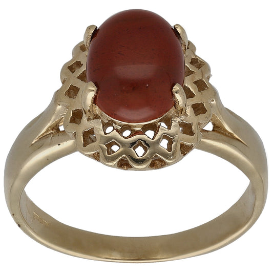 Gold ring with red carnelian single stone and ornate openwork setting