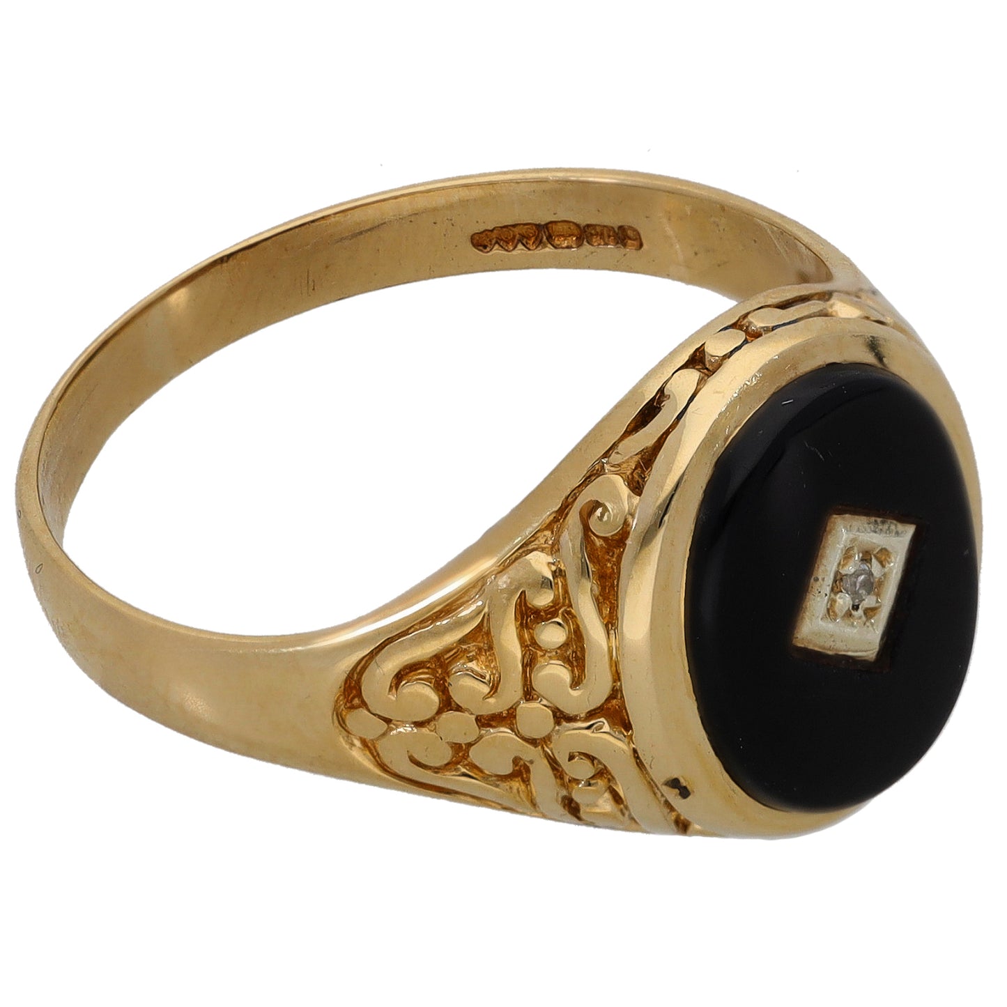 Gold signet ring with oval black onyx and diamond set detail on face