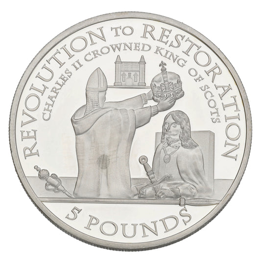 Sterling Silver Revolution To Restoration Charles II Crowned 5 Pounds Coin 2010