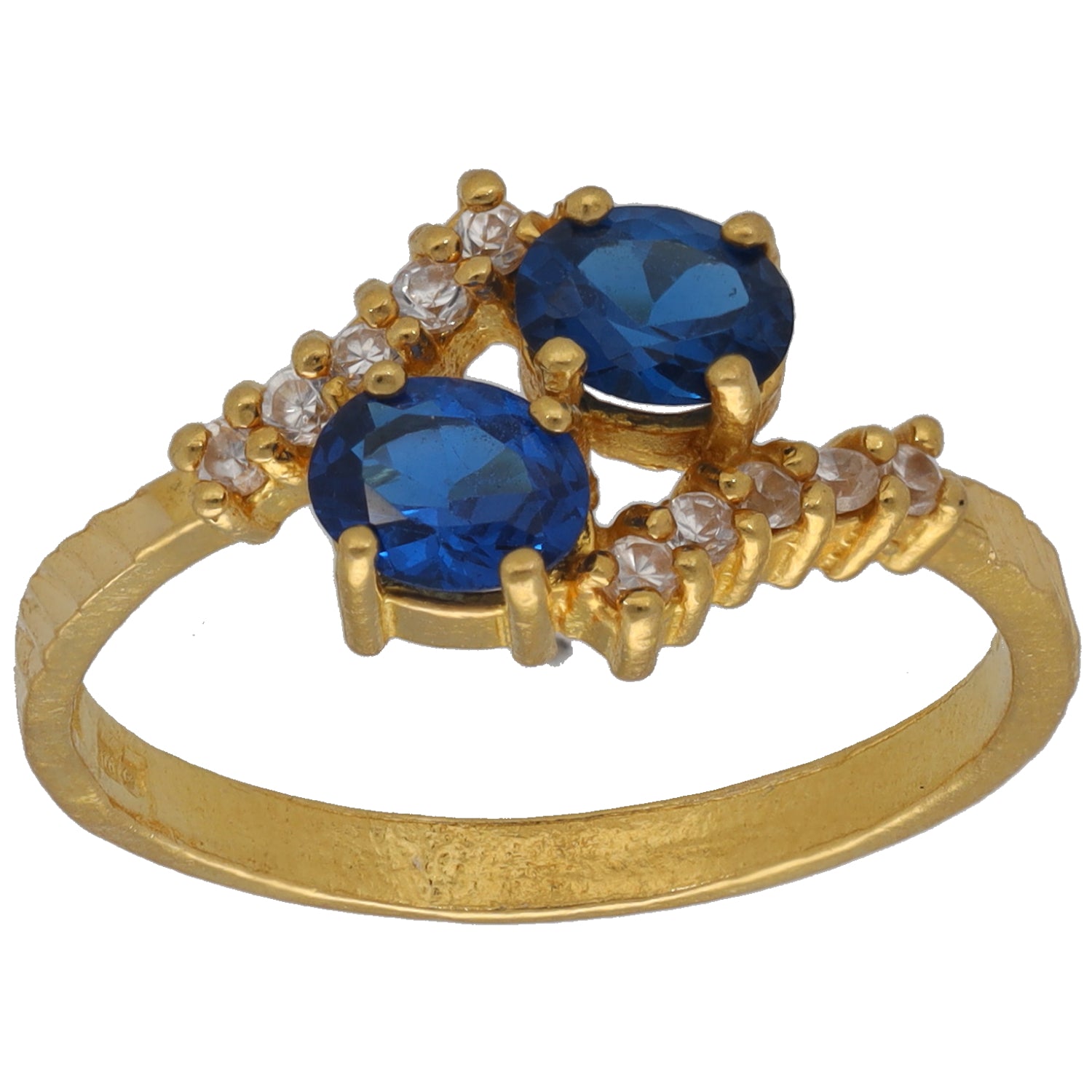 Gold-tone cocktail ring with oval blue stone and clear accents, size M