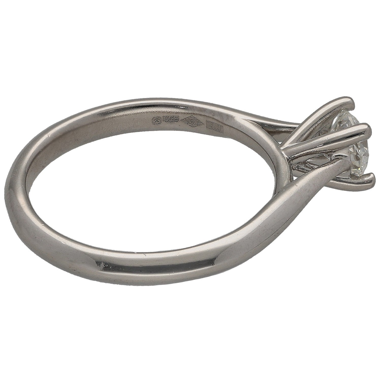 Platinum solitaire diamond ring side view with prong-set round stone