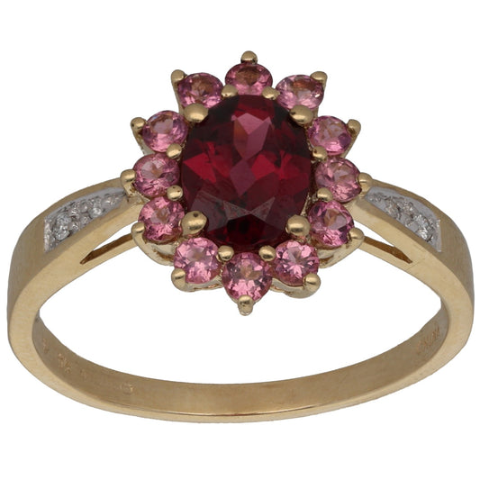 9ct Gold Garnet, Tourmaline & 0.05ct Diamond Dress/Cocktail Ring Size T