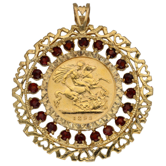 9ct Gold Garnet Coin Pendant