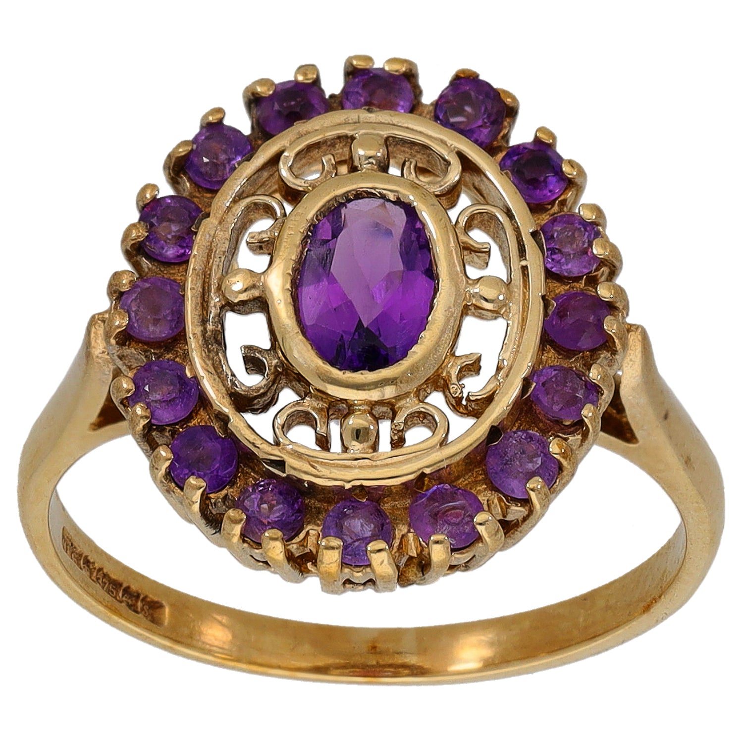 Gold amethyst cocktail ring with oval center stone and round purple halo stones