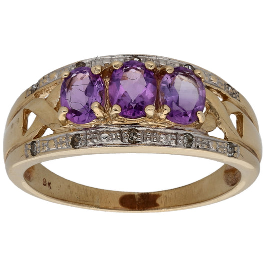9ct Gold Amethyst & 0.05ct Diamond Dress/Cocktail Ring Size P