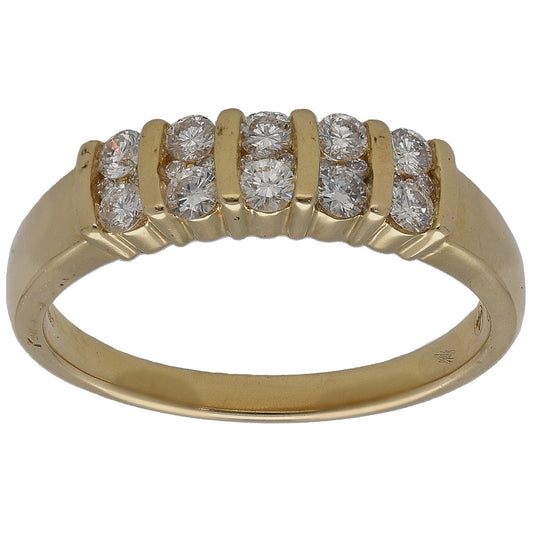 Yellow gold half eternity ring with round diamond accents across the top