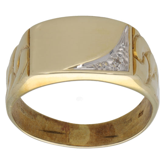 9ct Gold 0.005ct Diamond Single Stone Patterned Signet Ring Size Q