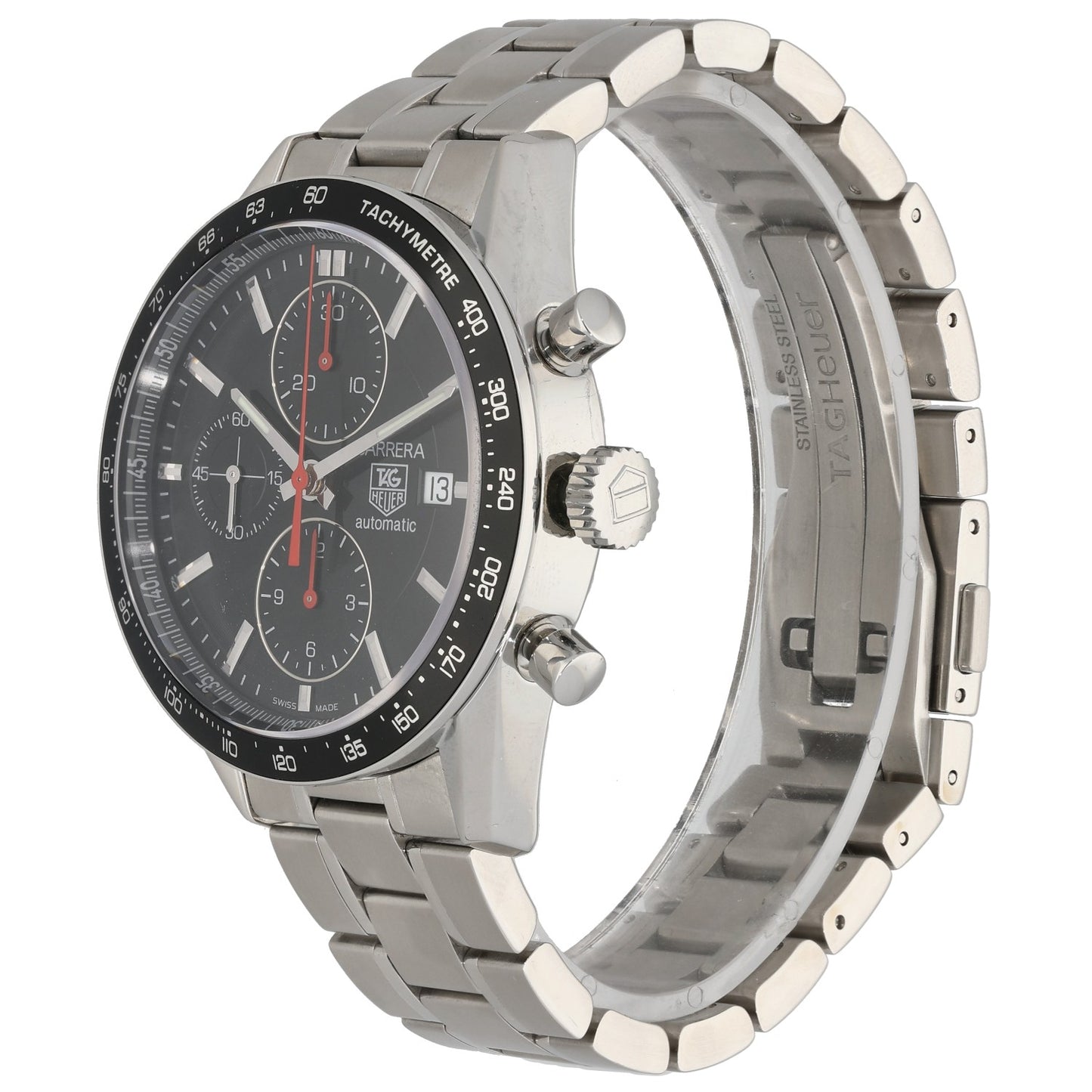 Tag Heuer Carrera CV2014-2 stainless steel watch with crown and side details, black dial