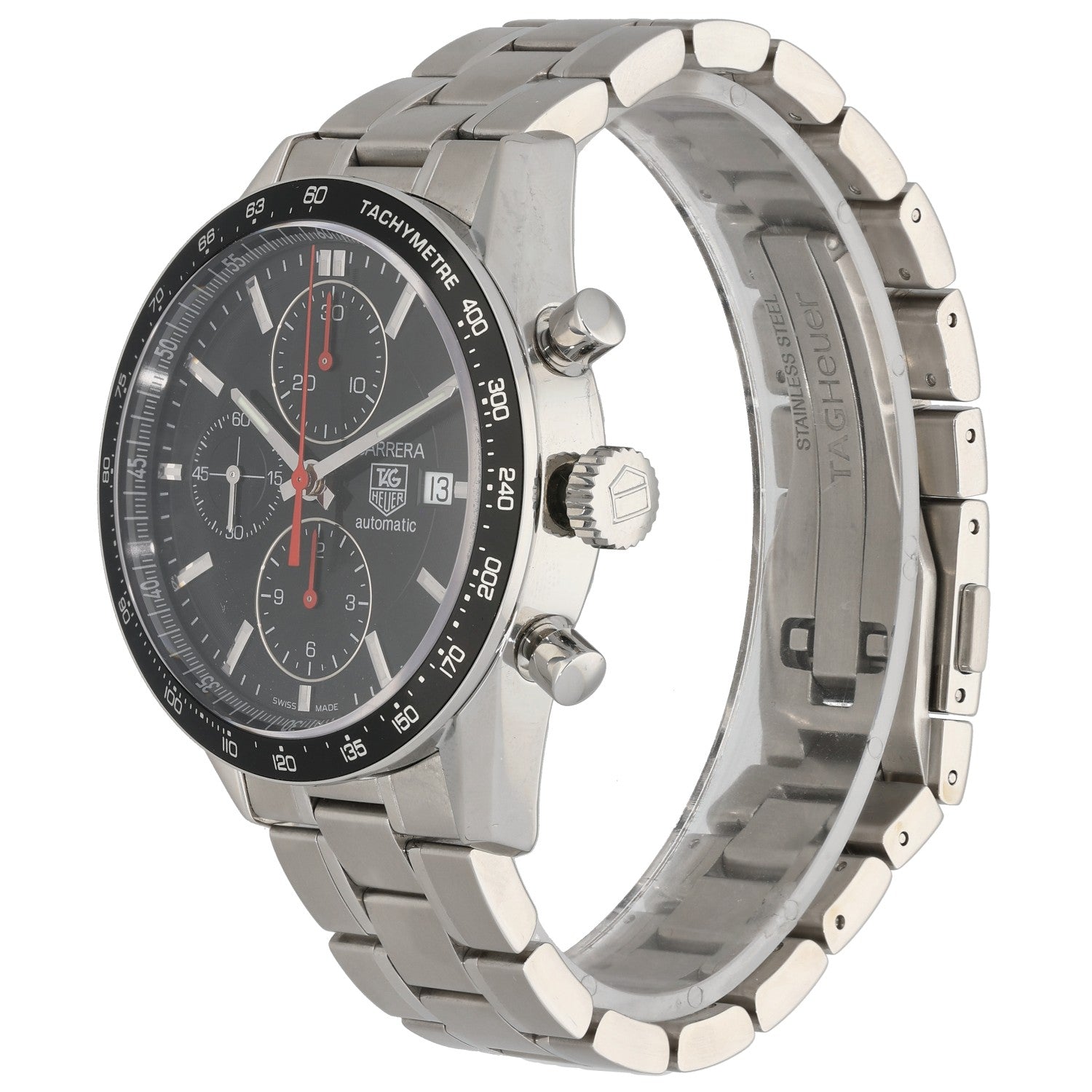 Tag Heuer Carrera CV2014-2 stainless steel watch with crown and side details, black dial