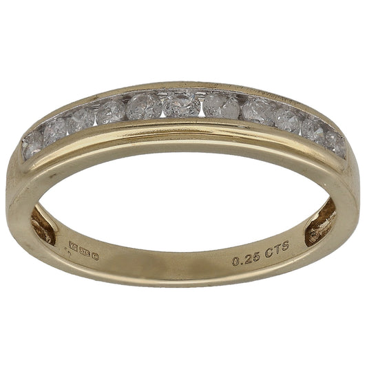 9ct yellow gold half eternity diamond ring, round stones across the top band